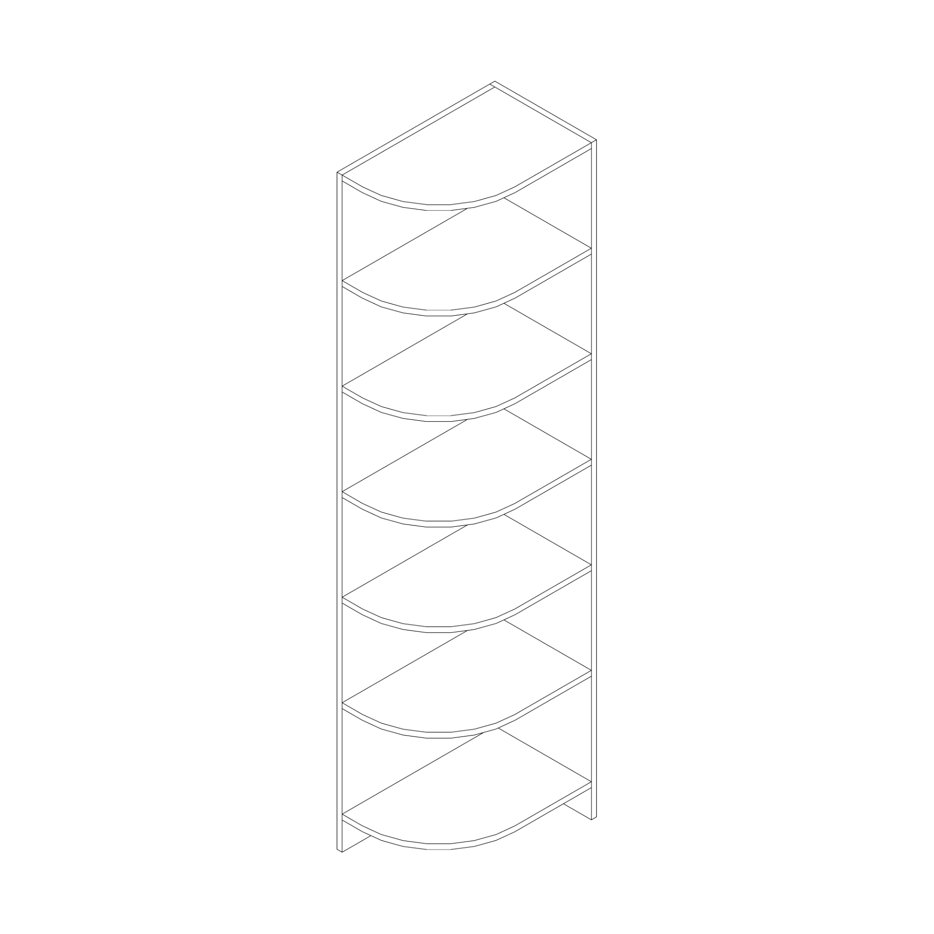Kopse open kolomkast, afgerond rechts - breedte 40 cm - hoogte 231 cm - diepte 62 cm